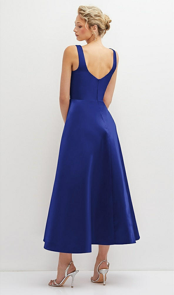 Back View - Cobalt Blue Square Neck Satin Midi Dress with Full Skirt & Pockets