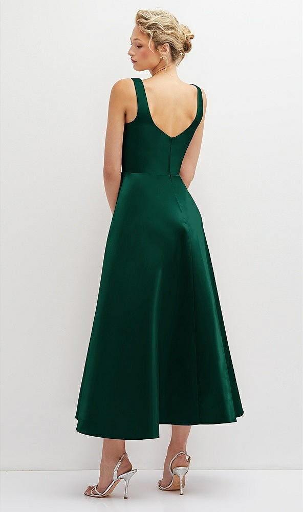 Back View - Hunter Green Square Neck Satin Midi Dress with Full Skirt & Pockets