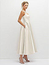 Side View Thumbnail - Ivory Square Neck Satin Midi Dress with Full Skirt & Pockets