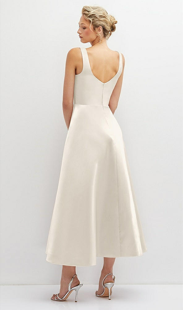 Back View - Ivory Square Neck Satin Midi Dress with Full Skirt & Pockets