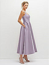 Side View Thumbnail - Lilac Haze Square Neck Satin Midi Dress with Full Skirt & Pockets