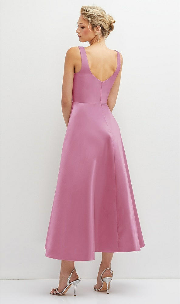 Back View - Powder Pink Square Neck Satin Midi Dress with Full Skirt & Pockets