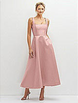 Front View Thumbnail - Rose - PANTONE Rose Quartz Square Neck Satin Midi Dress with Full Skirt & Pockets