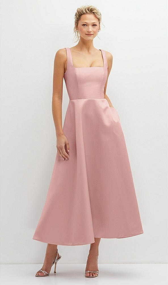 Front View - Rose - PANTONE Rose Quartz Square Neck Satin Midi Dress with Full Skirt & Pockets