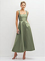 Front View Thumbnail - Sage Square Neck Satin Midi Dress with Full Skirt & Pockets