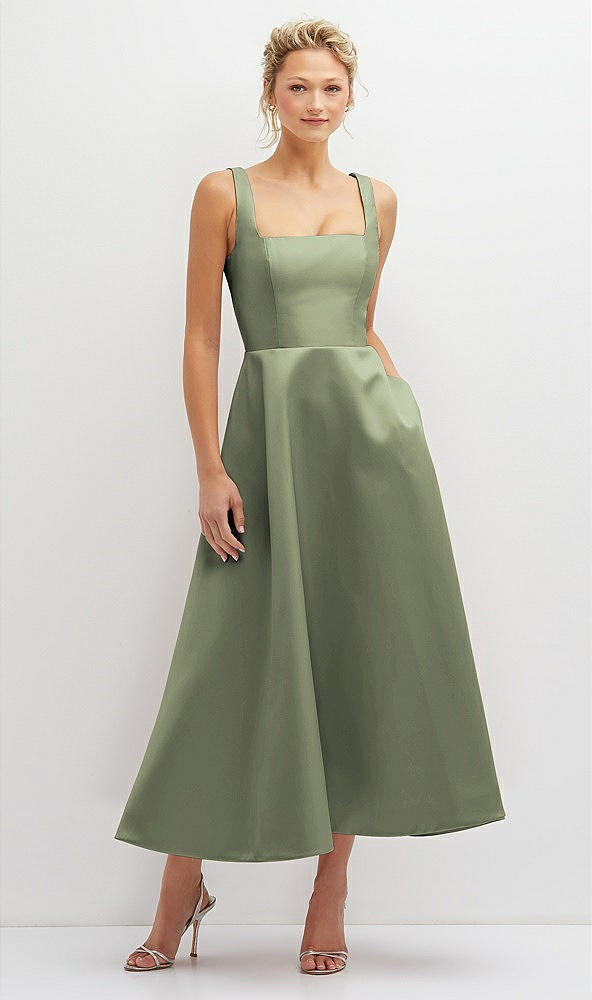 Front View - Sage Square Neck Satin Midi Dress with Full Skirt & Pockets