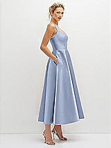 Side View Thumbnail - Sky Blue Square Neck Satin Midi Dress with Full Skirt & Pockets