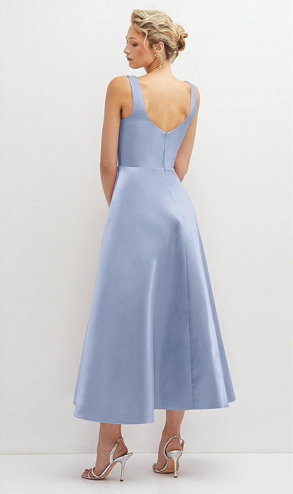 Back View - Sky Blue Square Neck Satin Midi Dress with Full Skirt & Pockets