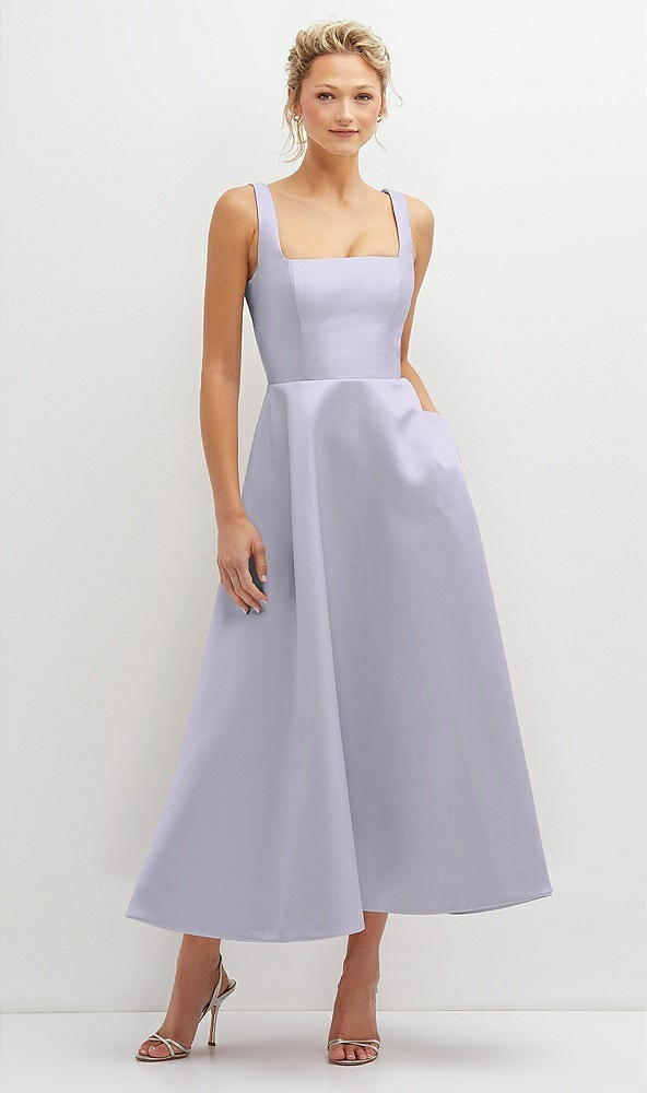 Front View - Silver Dove Square Neck Satin Midi Dress with Full Skirt & Pockets