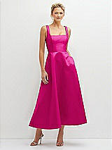 Front View Thumbnail - Think Pink Square Neck Satin Midi Dress with Full Skirt & Pockets