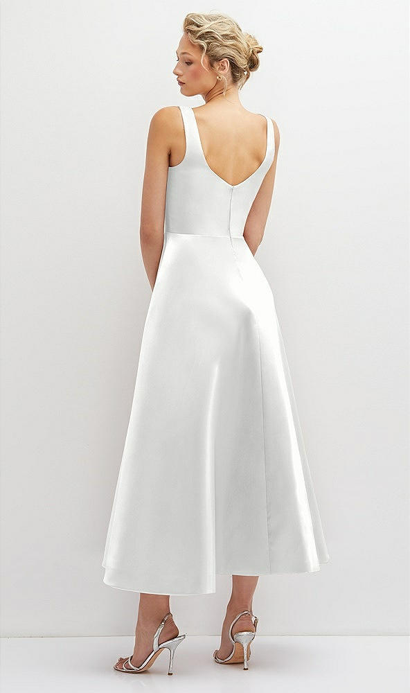 Back View - White Square Neck Satin Midi Dress with Full Skirt & Pockets