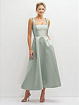 Front View Thumbnail - Willow Green Square Neck Satin Midi Dress with Full Skirt & Pockets