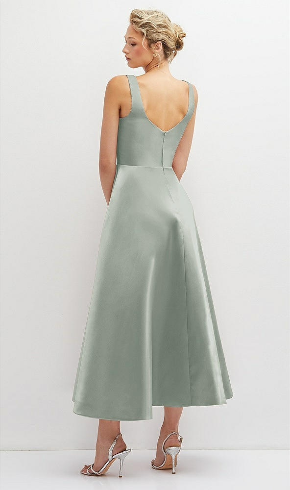 Back View - Willow Green Square Neck Satin Midi Dress with Full Skirt & Pockets