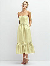 Alt View 1 Thumbnail - Butter Yellow Strapless Satin Midi Corset Dress with Lace-Up Back & Ruffle Hem