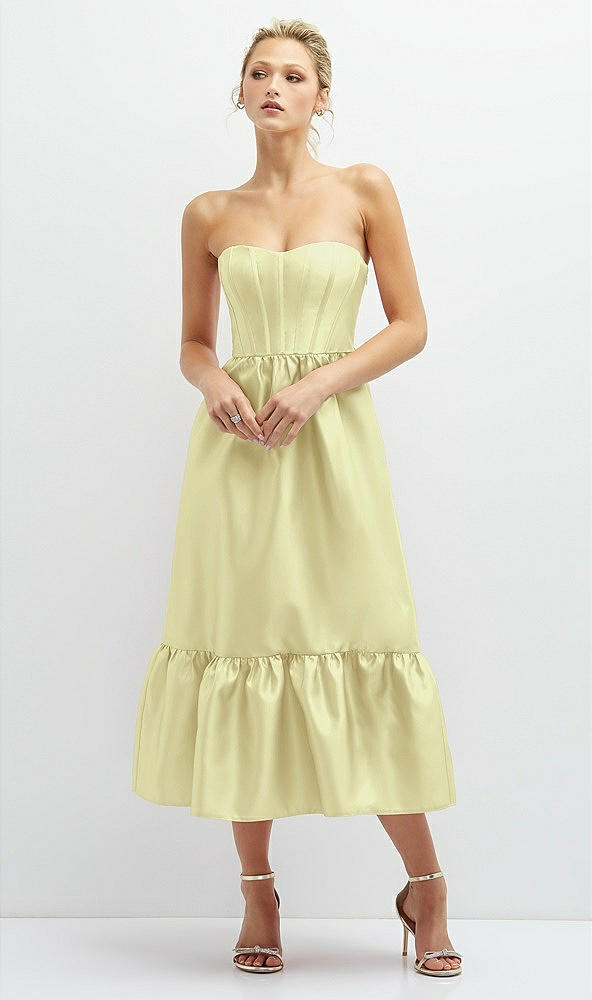 Front View - Butter Yellow Strapless Satin Midi Corset Dress with Lace-Up Back & Ruffle Hem