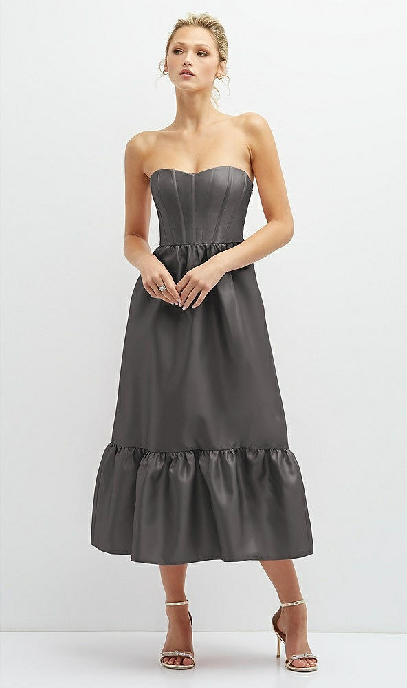 Front View - Caviar Gray Strapless Satin Midi Corset Dress with Lace-Up Back & Ruffle Hem