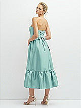 Rear View Thumbnail - Coastal Strapless Satin Midi Corset Dress with Lace-Up Back & Ruffle Hem