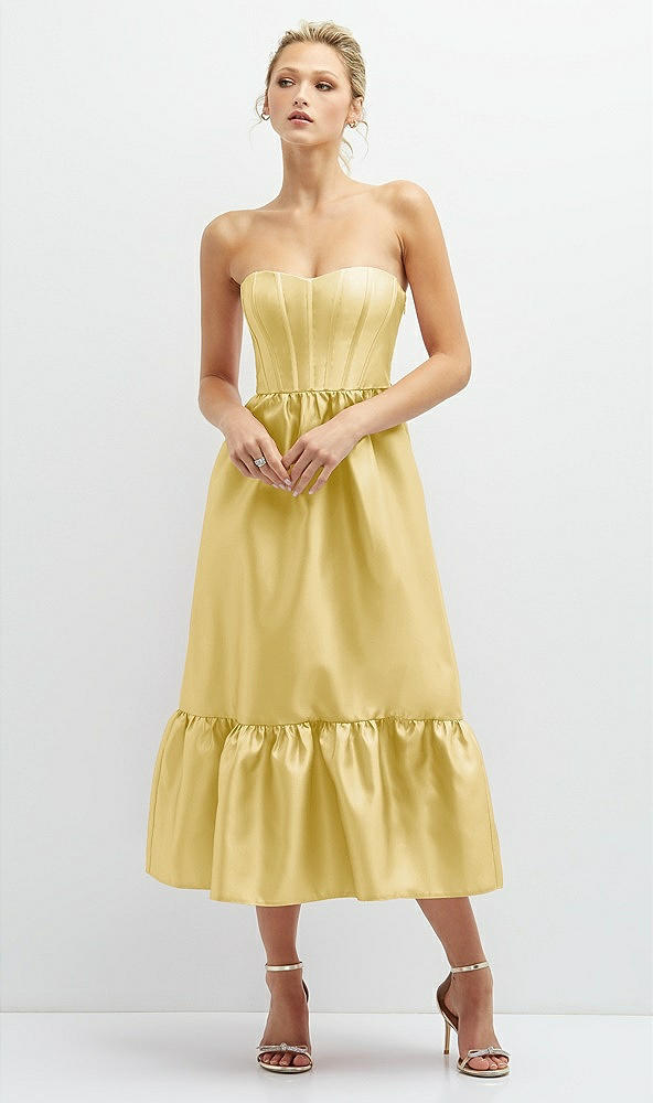 Front View - Maize Strapless Satin Midi Corset Dress with Lace-Up Back & Ruffle Hem