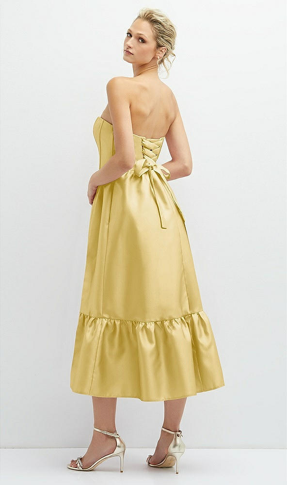 Back View - Maize Strapless Satin Midi Corset Dress with Lace-Up Back & Ruffle Hem