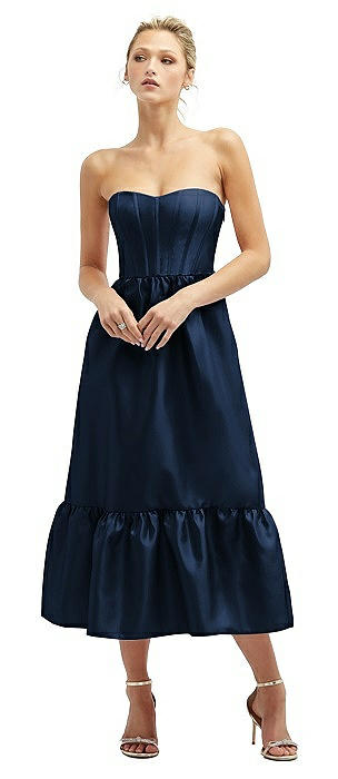 Strapless Satin Midi Corset Dress with Lace-Up Back & Ruffle Hem