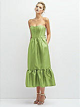 Alt View 1 Thumbnail - Mojito Strapless Satin Midi Corset Dress with Lace-Up Back & Ruffle Hem