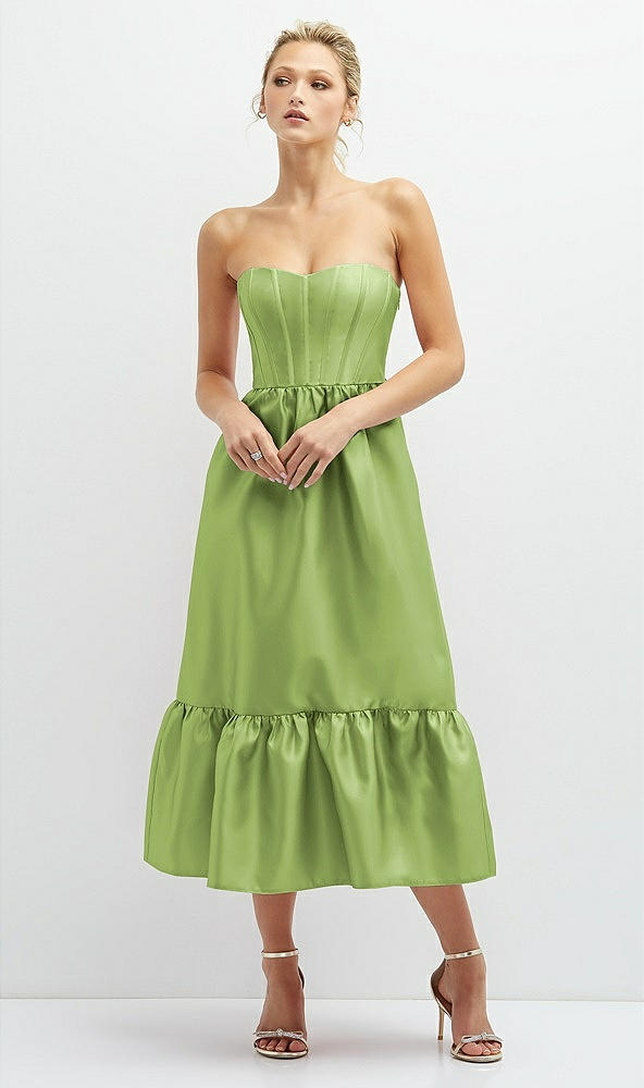 Front View - Mojito Strapless Satin Midi Corset Dress with Lace-Up Back & Ruffle Hem