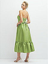 Rear View Thumbnail - Mojito Strapless Satin Midi Corset Dress with Lace-Up Back & Ruffle Hem