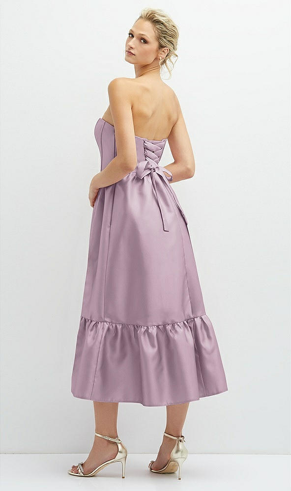 Back View - Suede Rose Strapless Satin Midi Corset Dress with Lace-Up Back & Ruffle Hem