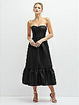 Front View Thumbnail - Black Strapless Satin Midi Corset Dress with Lace-Up Back & Ruffle Hem