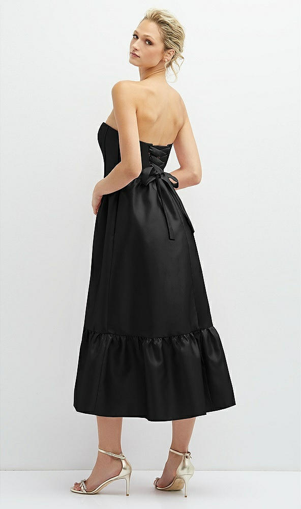 Back View - Black Strapless Satin Midi Corset Dress with Lace-Up Back & Ruffle Hem