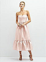 Front View Thumbnail - Blush Strapless Satin Midi Corset Dress with Lace-Up Back & Ruffle Hem