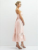 Side View Thumbnail - Blush Strapless Satin Midi Corset Dress with Lace-Up Back & Ruffle Hem