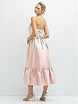 Rear View Thumbnail - Blush Strapless Satin Midi Corset Dress with Lace-Up Back & Ruffle Hem