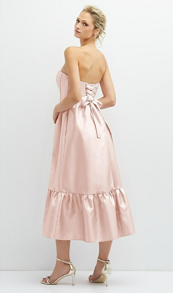 Back View - Blush Strapless Satin Midi Corset Dress with Lace-Up Back & Ruffle Hem