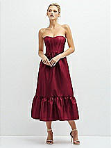 Front View Thumbnail - Burgundy Strapless Satin Midi Corset Dress with Lace-Up Back & Ruffle Hem