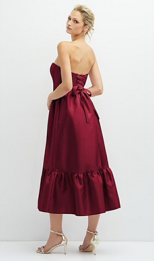 Back View - Burgundy Strapless Satin Midi Corset Dress with Lace-Up Back & Ruffle Hem