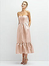 Alt View 1 Thumbnail - Cameo Strapless Satin Midi Corset Dress with Lace-Up Back & Ruffle Hem