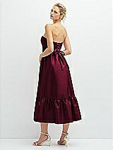 Rear View Thumbnail - Cabernet Strapless Satin Midi Corset Dress with Lace-Up Back & Ruffle Hem