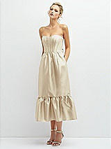 Alt View 1 Thumbnail - Champagne Strapless Satin Midi Corset Dress with Lace-Up Back & Ruffle Hem