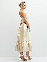 Side View Thumbnail - Champagne Strapless Satin Midi Corset Dress with Lace-Up Back & Ruffle Hem