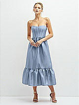 Front View Thumbnail - Cloudy Strapless Satin Midi Corset Dress with Lace-Up Back & Ruffle Hem