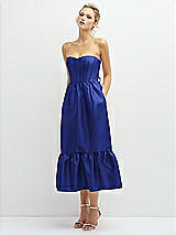 Alt View 1 Thumbnail - Cobalt Blue Strapless Satin Midi Corset Dress with Lace-Up Back & Ruffle Hem