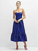 Front View Thumbnail - Cobalt Blue Strapless Satin Midi Corset Dress with Lace-Up Back & Ruffle Hem