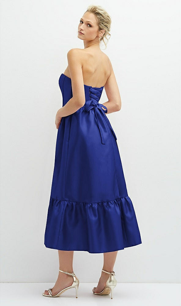 Back View - Cobalt Blue Strapless Satin Midi Corset Dress with Lace-Up Back & Ruffle Hem