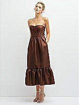 Alt View 1 Thumbnail - Cognac Strapless Satin Midi Corset Dress with Lace-Up Back & Ruffle Hem