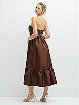 Rear View Thumbnail - Cognac Strapless Satin Midi Corset Dress with Lace-Up Back & Ruffle Hem