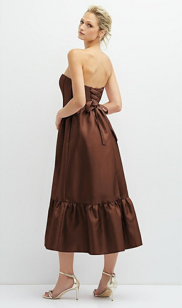 Back View - Cognac Strapless Satin Midi Corset Dress with Lace-Up Back & Ruffle Hem