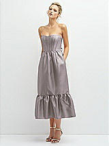 Alt View 1 Thumbnail - Cashmere Gray Strapless Satin Midi Corset Dress with Lace-Up Back & Ruffle Hem