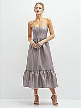 Front View Thumbnail - Cashmere Gray Strapless Satin Midi Corset Dress with Lace-Up Back & Ruffle Hem