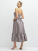 Rear View Thumbnail - Cashmere Gray Strapless Satin Midi Corset Dress with Lace-Up Back & Ruffle Hem